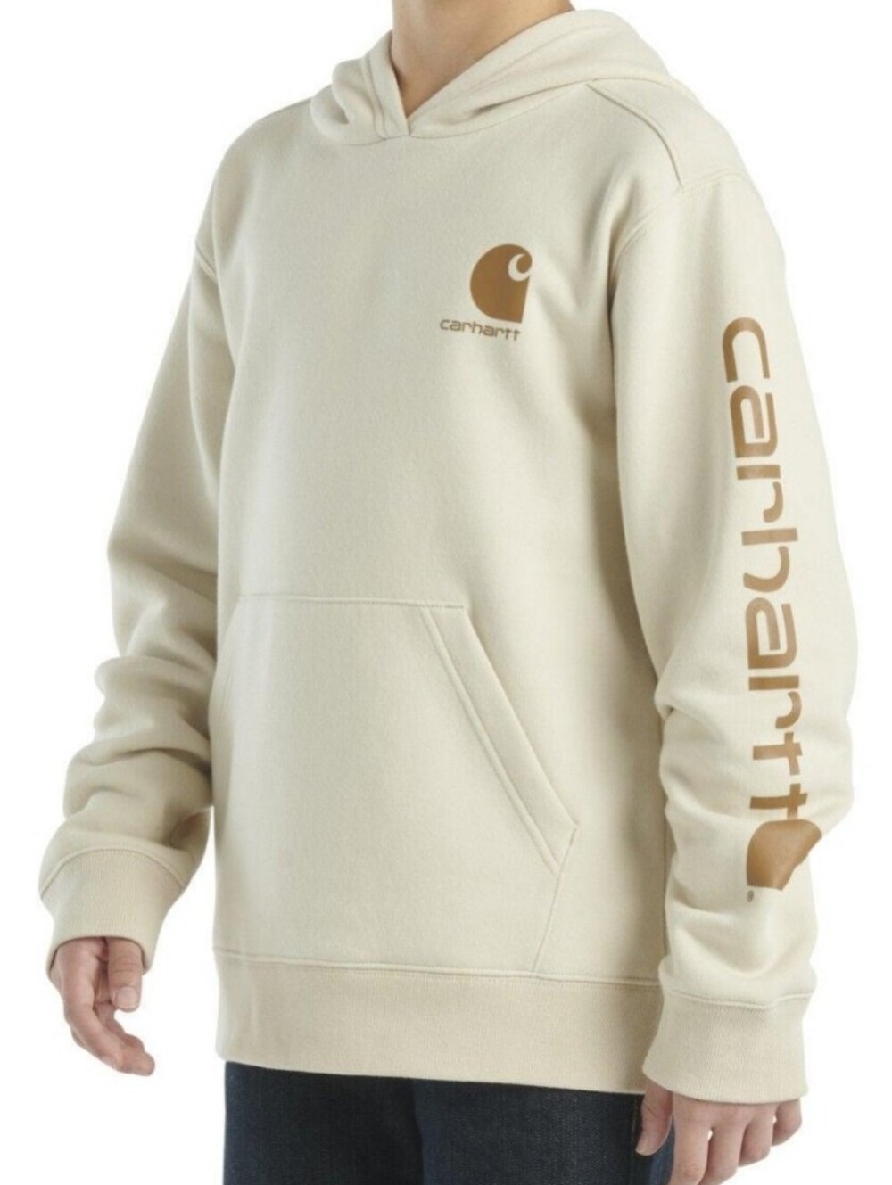 Carhartt Boys 10-12 Front Pocket Light Beige Pull Over Logo Hooded Sweatshirt